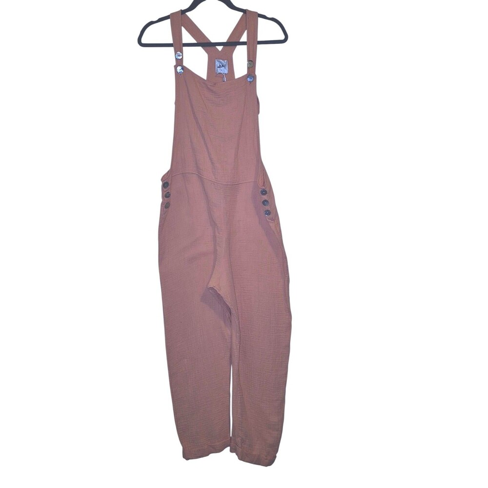 Lezat Women’s Gauze Overalls Strap 1/2 Button Up Pockets Size L  Boho Org Cotton